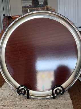 Vintage MCM Round Serving Tray with Silver Rim - Brown Woodgrain Formica 14.25